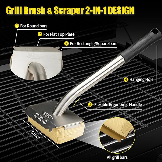 Bristle-Free Steam Grill Brush for Outdoor Barbecue, Safe for Cast Iron Grates, Includes Replacement Pads