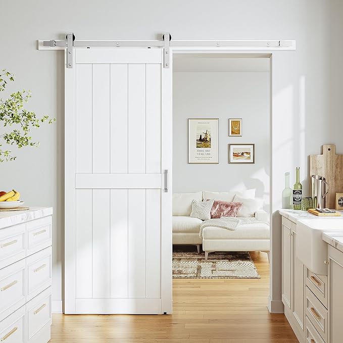 SmartStandard 38 x 84 inch White Sliding MDF Barn Door with 6.6FT Brushed Nickel Sliding Door Hardware Kit & Handle, Pre-Drilled Ready to Assemble, Waterproof PVC Coating, H-Frame