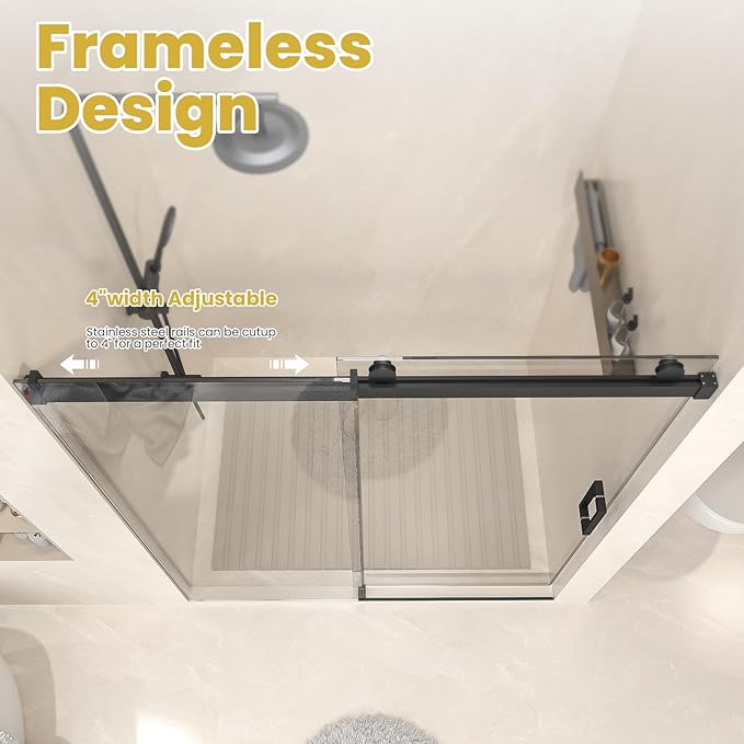 Shower Door 56–60 in W x 76 in H, 3/8" Tempered Glass Sliding Shower Door, Frameless Matte Black, Soft-Close with Buffer, Reversible Installation for Modern Bathroom