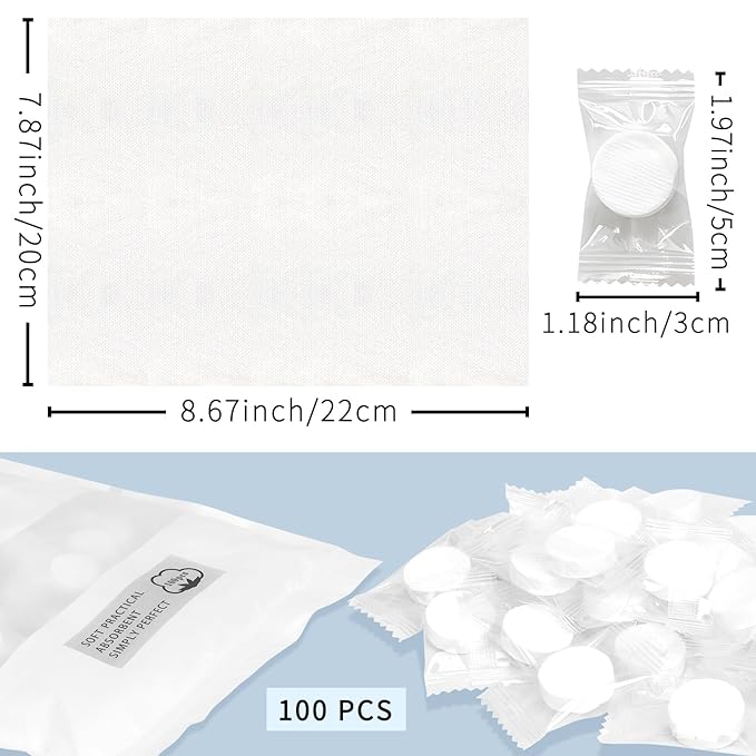Classycoo Compressed Towel 100 PCS Mini Tablets Disposable Portable Face Towel Cotton Coin Tissue for Travel, Camping, Hiking, Sport, Beauty Salon, Home Hand Wipes and Other Outdoor Activities (White)