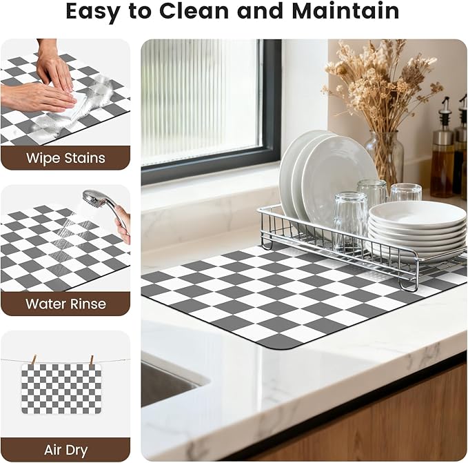 16" x 24" Checkered Dish Drying Mat for Kitchen Counter, Absorbent Coffee Bar Mat for Espresso Machine Coffee Countertops Accessories (Grey)