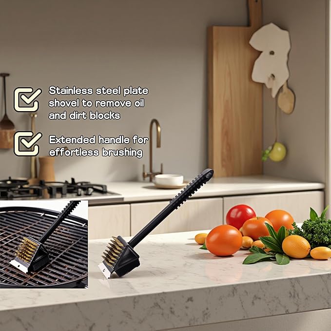 3-in-1 Grill Brush with Scraper & Scrub Pad, 14.5" Long Handle Brass Brush for BBQ Grill Cleaning, Heavy Duty Copper Bristles, Rust-Proof, Hanging Hook, Safe for Gas/Charcoal Grills