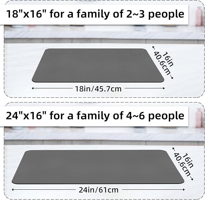 LOPNUR Kitchen Dish Drying Mat, 18"x16" Small Dish Drying Mats for Kitchen Counter, Super Absorbent Dish Drying Pad, Diatomite Coffee Mat Heat Resistant Mat with Anti-slip Rubber Backed, Grey