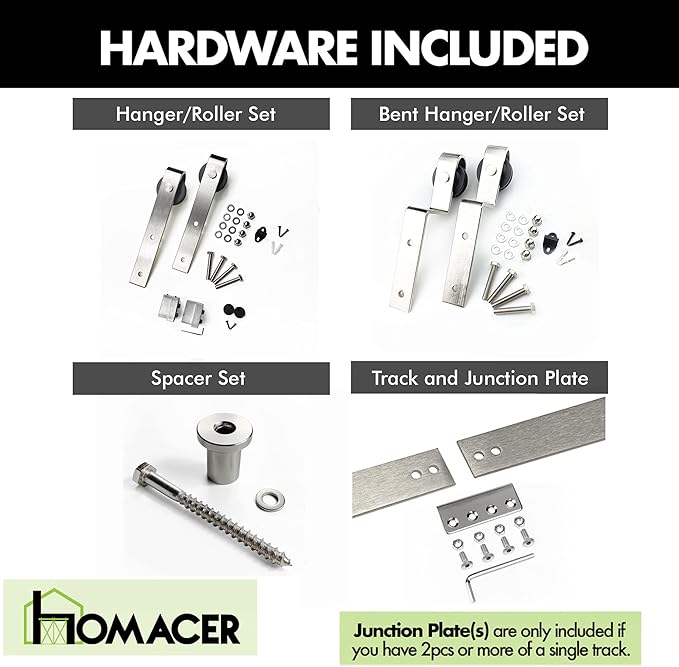 Homacer Brushed Nickel Single Track Bypass Sliding Barn Door Hardware Kit, for Three Doors, 16ft Long Flat Track, Classic Design Roller, (2 Flat+ 1 Bent Roller Set)