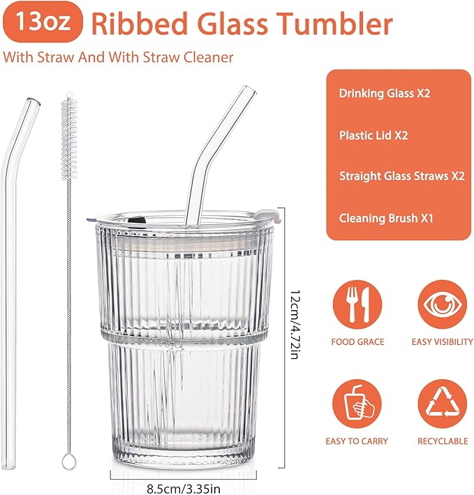 13oz Glass Tumblers with Lids and Straws, Set of 2 - Stylish Ribbed Design Drinking Glasses for Iced Coffee, Juice, Smoothies, Cold Beverages, Includes Cleaning Brush, Durable Glassware