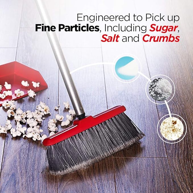 Fuller Brush Adjustable Kitchen Broom – 10" Wide Broom Head with Split-End Bristles and Steel Handle (29"–52") for Sweeping Fine Dust and Crumbs – Red (Fiesta Broom Complete)