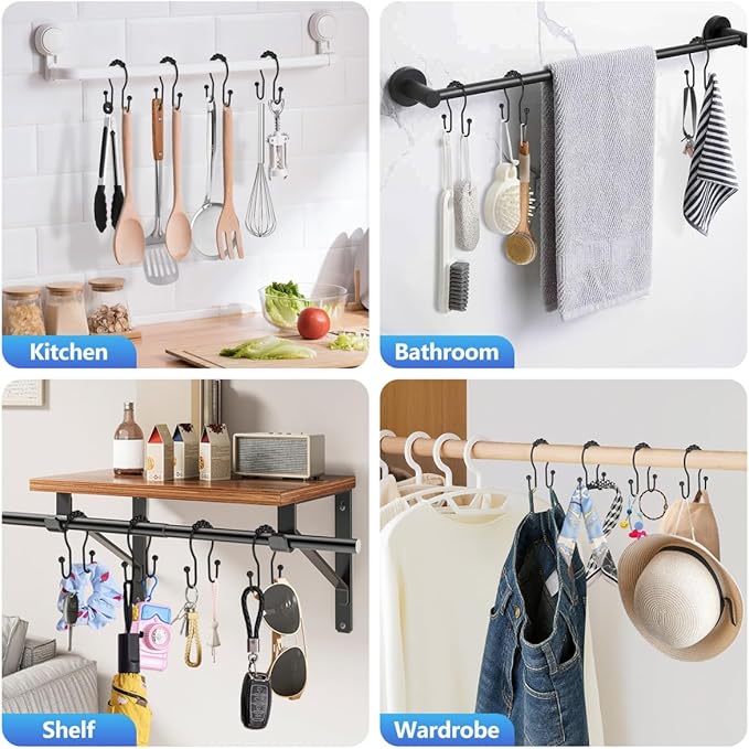 Shower Curtain Hooks, Sturdy Metal Black Shower Curtain Rings, Glide Roller Double Shower Hooks, Rust Proof Anti-Drop Curtain Hooks, 12 Pcs Smooth Sliding Rings for Bathroom Shower Rods Curtains