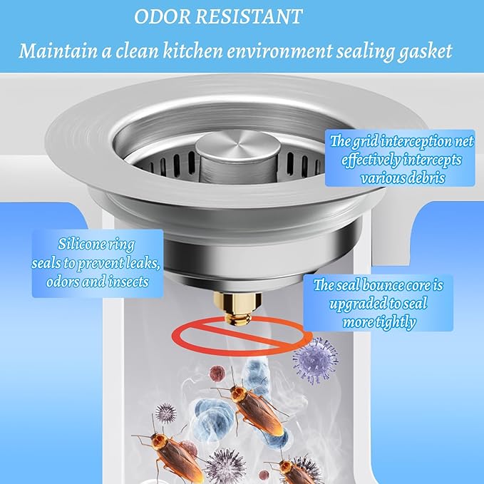 3 in 1 Kitchen Sink Drain Strainer,Universal Stainless Steel Kitchen Sink Stopper, Pop Up Anti-Clogging for 3-1/2 Inch US Standard Sink Drain Strainer