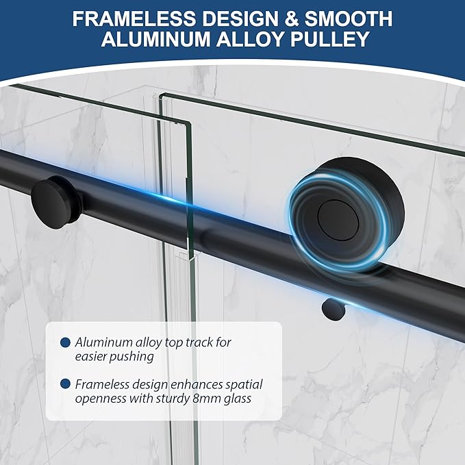 Frameless Shower Door,5/16" (8mm) Glass Sliding Shower Door with Soft-Close & Anti-Leak,Nano Coating Anti-Explosion Film SGCC Tempered Glass 55"- 60" W x 76" H,Matte Black