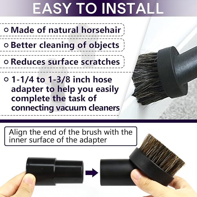 3PCS Horse Hair Brush Vacuum Attachment Set - Black Round Horse Hair Vacuum Attachments & Brushes - Shop Vac Brush Attachment for Most Vacuum Cleaners Accessories - 1 1/4" Vacuum Attachments Included