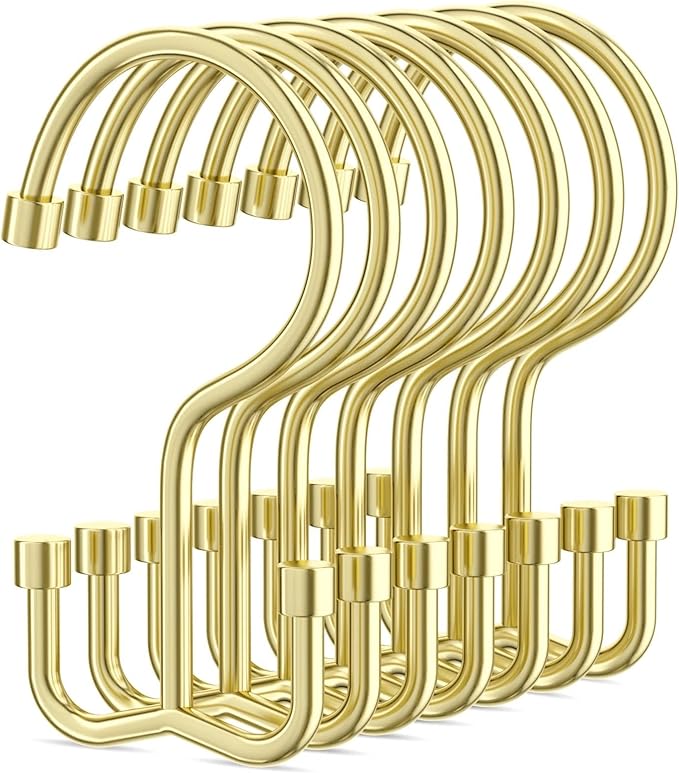 Goowin Shower Curtain Hooks, Shower Curtain Rings, Durable Gold Shower Curtain Hangers, Smooth Glide Double Hook Shower Curtain Hooks, Simple Shower Hooks for Shower Curtain, Gold, 24 Pack-Cylinders