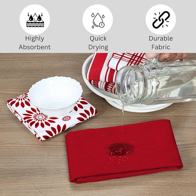 Assorted Kitchen Towels 100% Cotton Large 16x26 Inch Set of 5 - Soft Highly Absorbent Durable Reusable - Perfect for Drying Cleaning Everyday Kitchen Use - Quick Drying Dish Towels Red