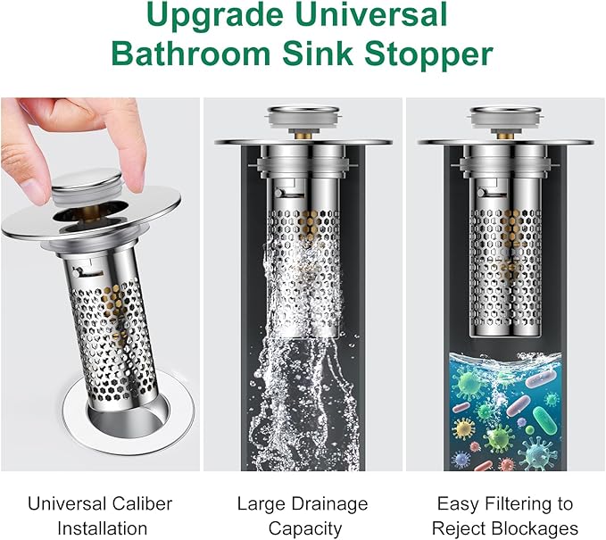 Bathroom Sink Drain Strainer,Universal Pop-Up Sink Stopper Hair Catcher, Anti-Clog Stainless Steel Drain Filter Basket, Removable Sink Drain for Bathroom Sink Stopper (YSilver-2（with Buckle）)