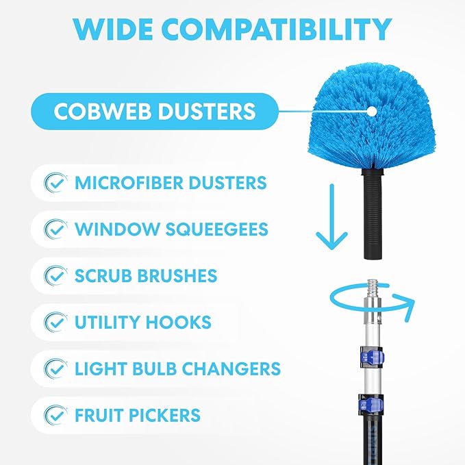 Simpli-Magic 5-to-12 Foot Cobweb Duster with Extension Pole Combo (20 Ft Reach, Medium-Stiff Bristles), Spider Web Brush with Pole - Hand-Packaged, Lightweight, 3-Stage Aluminum Pole