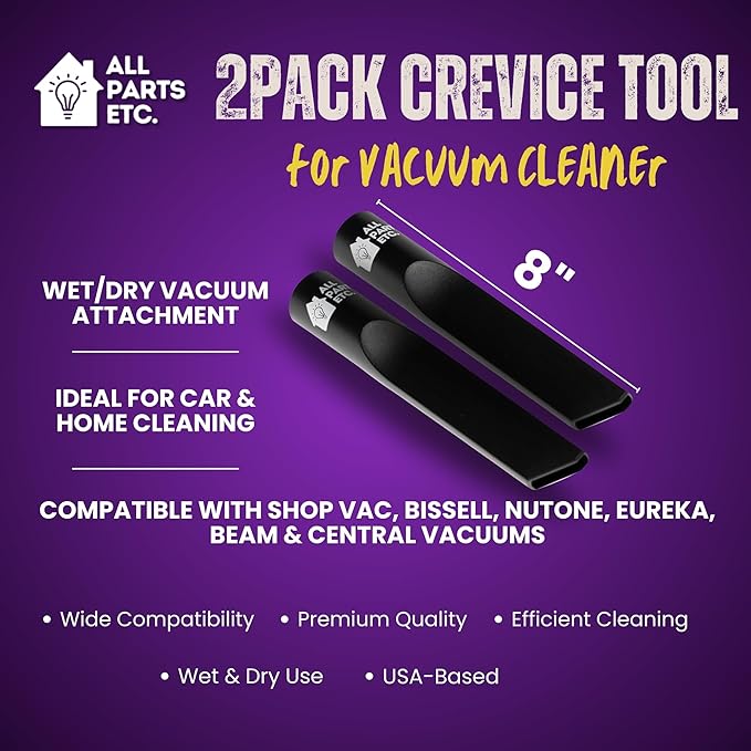 2-Pack Crevice Tool for Vacuum Cleaner, 1.25” Wet/Dry Vacuum Attachment, 8” Length, Compatible with Shop Vac, Bissell, Nutone, Eureka, Beam & Central Vacuums