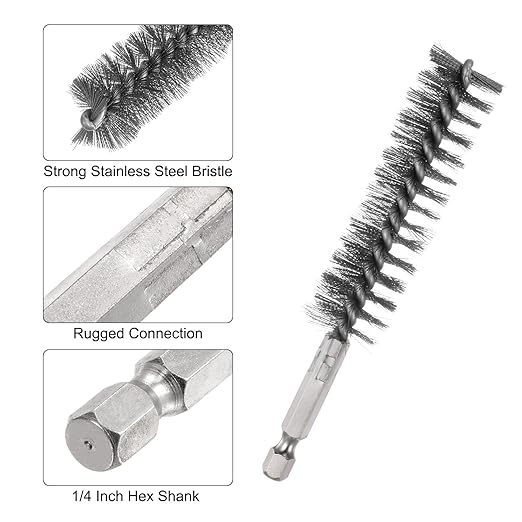 HARFINGTON 5Pcs Bore Brush Stainless Steel 20mm Dia Cleaning Twisted Wire Brush Tube Pipe Cleaner with Handle 1/4 Inch Hex Shank for Tubes, Ports, Bearings