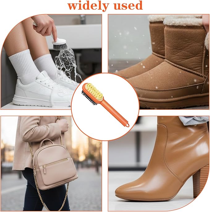 2 in 1 Multifunctional Shoe Brushes, Orange Long Handle Shoe Cleaning Tools Supplies Soft Plastic Bristles 360° Thorough Cleaning for Suede & Nubuck Cleaning