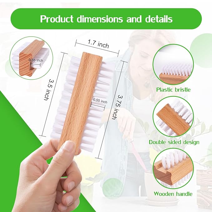 2 Pack Non-Slip Wooden Hand & Nail Brush,Dual-Sided Fingernail Scrub Brush for Deep Cleaning Nails,Hands & Feet Heavy Duty Mechanic Hand Brush with Stiff Bristles and Molded Beech-wood Grip