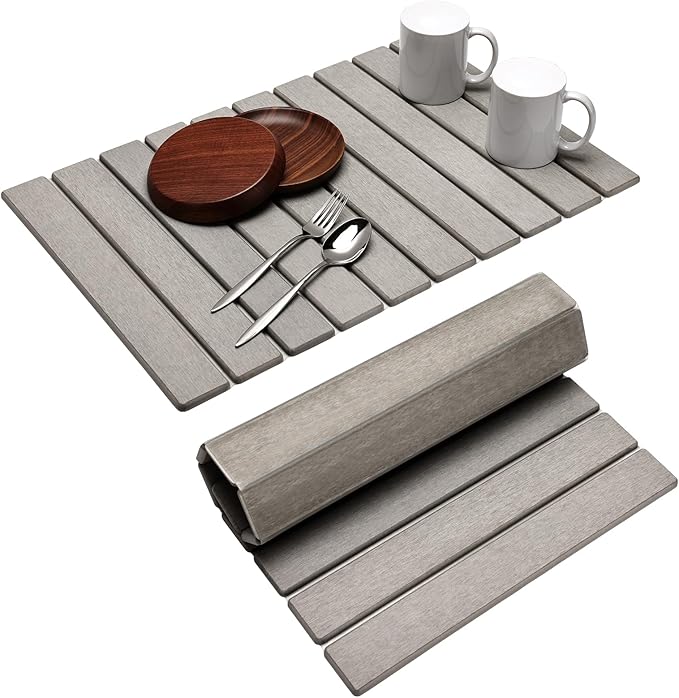 Large Stone Dish Drying Mat for Kitchen Counter, Stone Drying Mat for Kitchen Counter, Quick Dry Absorbent Diatomaceous Earth Mat for Dishes, Cups, Bottles, Any Countertop, 24"×16", Gray