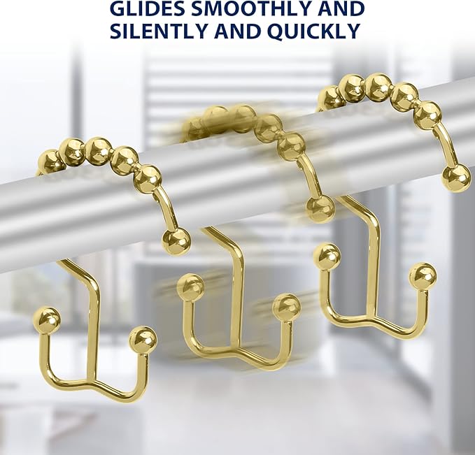 Shower Curtain Hooks,Sturdy Stainless Steel Double Sided Shower Hooks Rings for Bathroom Shower Curtain Rods Curtains Set of 12 Hooks - Gold