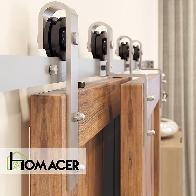 Homacer Brushed Nickel Single Track Bypass Sliding Barn Door Hardware Kit, for Two/Double Doors, 7.5ft Long Flat Track, Classic Design Roller,