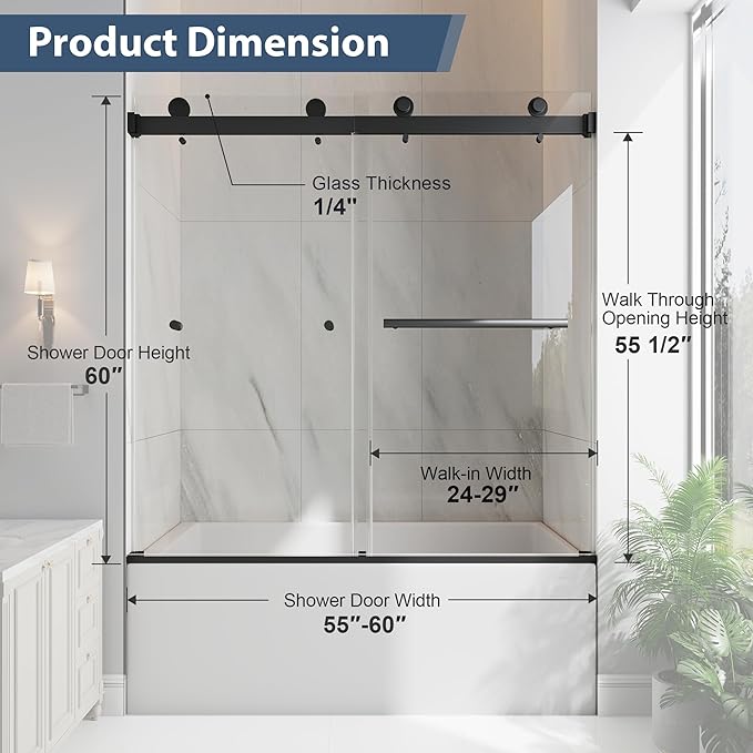 Frameless Bathtub Shower Door, 55-60" W x 60" H Double Sliding Tub Shower Door, 1/4''(6mm) SGCC Tempered Glass with Explosion-Proof Film Nano Coating, Matte Black