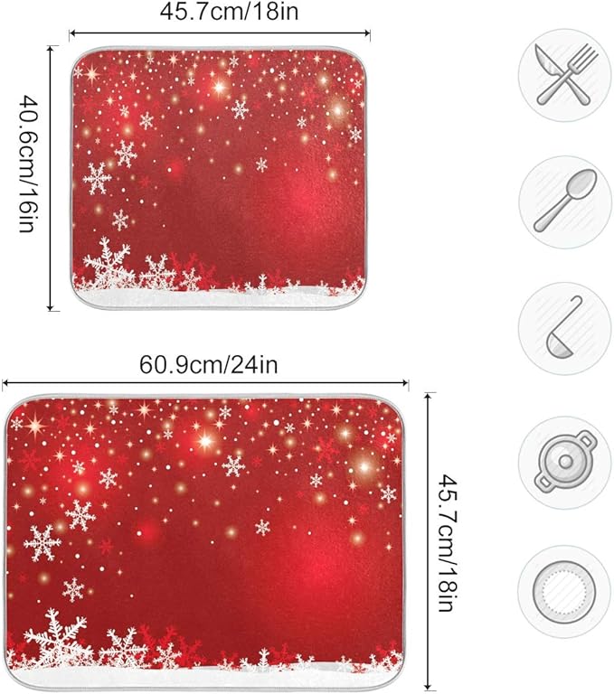 Christmas White Snowflake On Red Background Dish Drying Mat 18x24inch Dish Drainer Kitchen Counter Mats Bottles Dish Dry Pad Protector for Kitchen Countertops