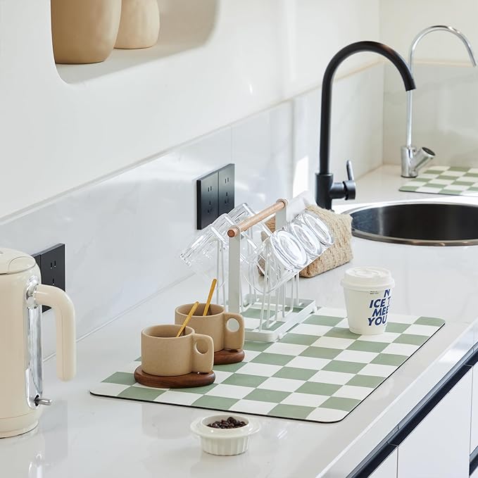 Checkered Dish Drying Mat for Kitchen Counter, Coffee Bar Station Accessories, Retro Cute Aesthetic Modern Absorbent Drainer Mat Kitchen Drying Mat Easy Clean, Sage 16" x 24"