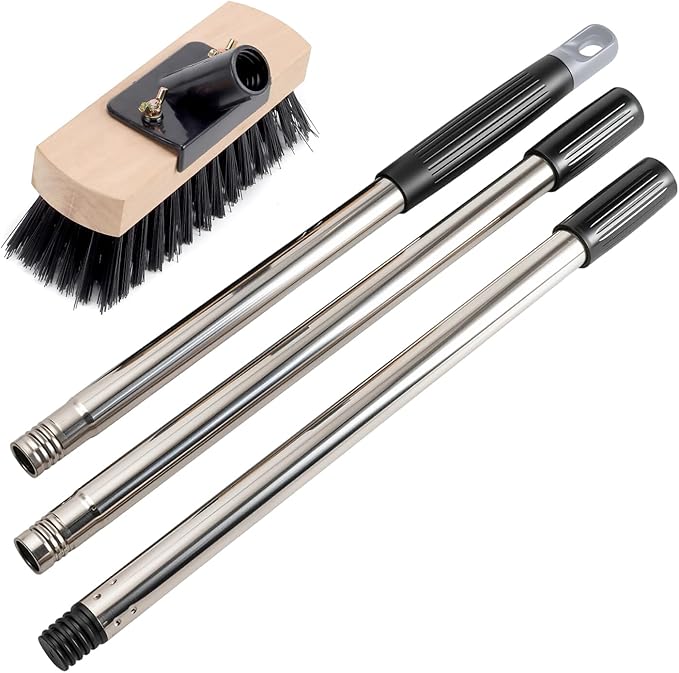Heavy Duty Adjustable Push Broom with Stiff Bristles, Solid Wood Head Multi-Surface Floor Brush for Bathroom Tile, Pool Deck, Patio Cleaning
