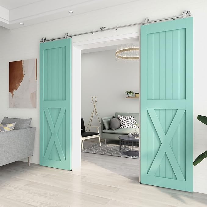 TSMST 6FT Sliding Barn Door Hardware Kit, Top Mount Stainless Steel Heavy Duty Sturdy Barn Door Track for Double Wood Door, Slide Smoothly Quietly (T Style)