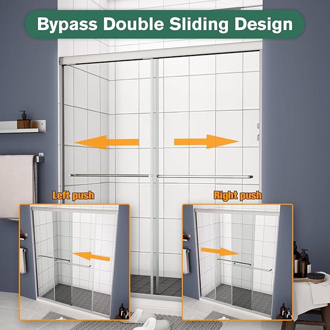 Bypass Glass Shower Door 50-54" W x 70" H with 1/4" Clear SGCC Tempered Glass, Semi-Frameless Double Sliding Shower Door, Easy to Clean, Easy to Install, Chrome
