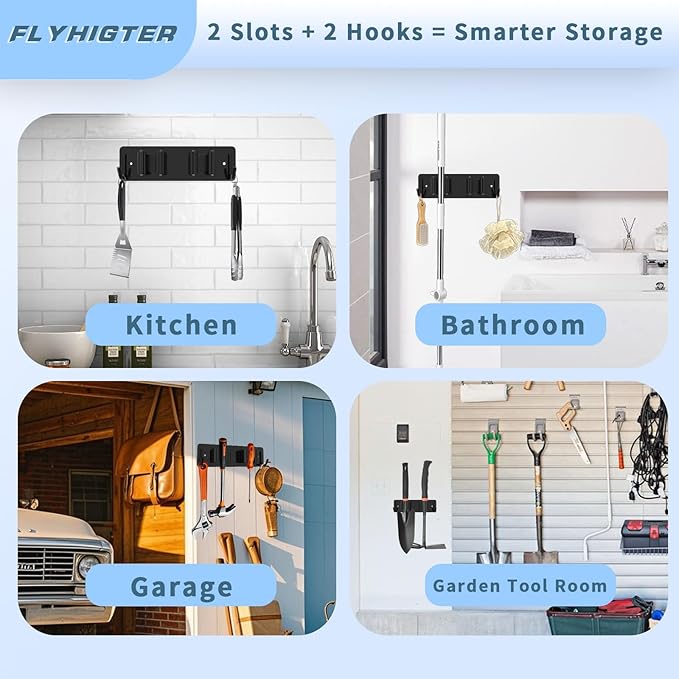 Broom and Mop Holder Wall Mounted, Heavy-Duty Stainless Steel Storage Rack with 2 Racks & 2 Hooks,Broom Organizer for Kitchen,Bathroom,Garage,Garden（BLACK