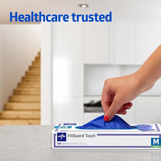 Medline FitGuard Touch Nitrile Exam Gloves, 100 Count, Medium, Powder Free, Disposable, Not Made with Natural Rubber Latex, for Medical Tasks, Durable for Household Chores