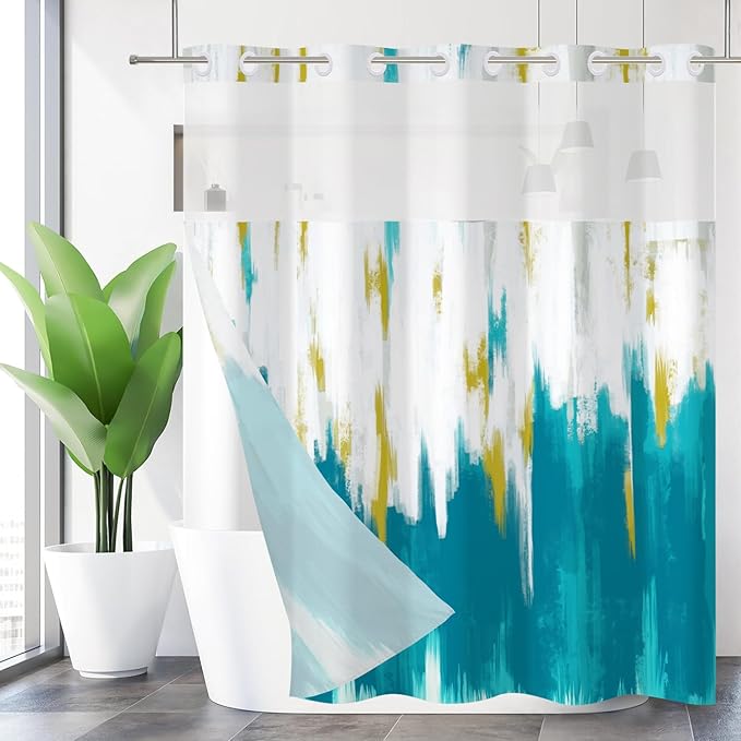 No Hook Shower Curtain with Snap in Liner, Hotel Style Teal Blue White Gold Brush Strokes Art Modern Shower Curtain Waterpoof Washable with See Through Top Window,71"x86"