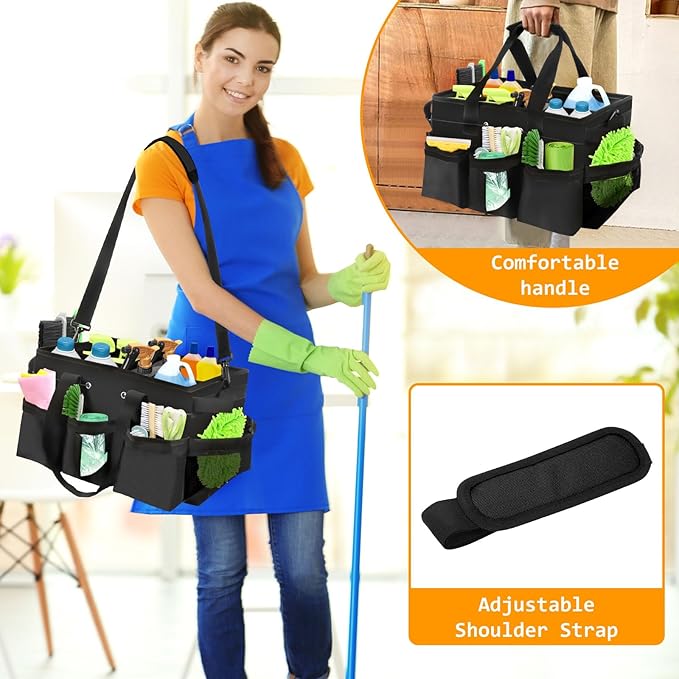 Wearable Cleaning Caddy Organizer with Handle & Shoulder Straps for Cleaners, 5 Compartments, Housekeeping Tote for Kitchen & Bathroom, Car Tool Caddy Organizer Bag (black)