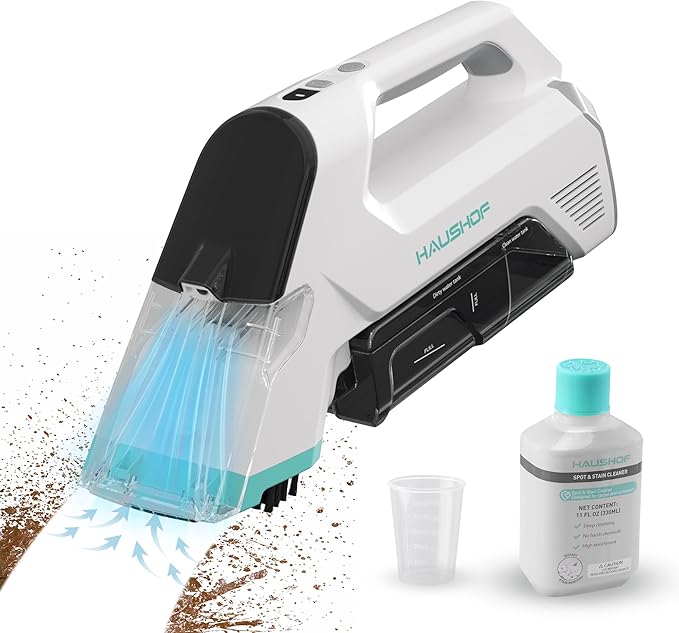 HAUSHOF Handheld Carpet Cleaner, 12V Cordless Portable Carpet Cleaner, 6.5KPa Spot Cleaner with 2 Water Tanks, Type-C Charge, Spot & Stain Cleaner, Handheld Upholstery Cleaner for Stairs, Car