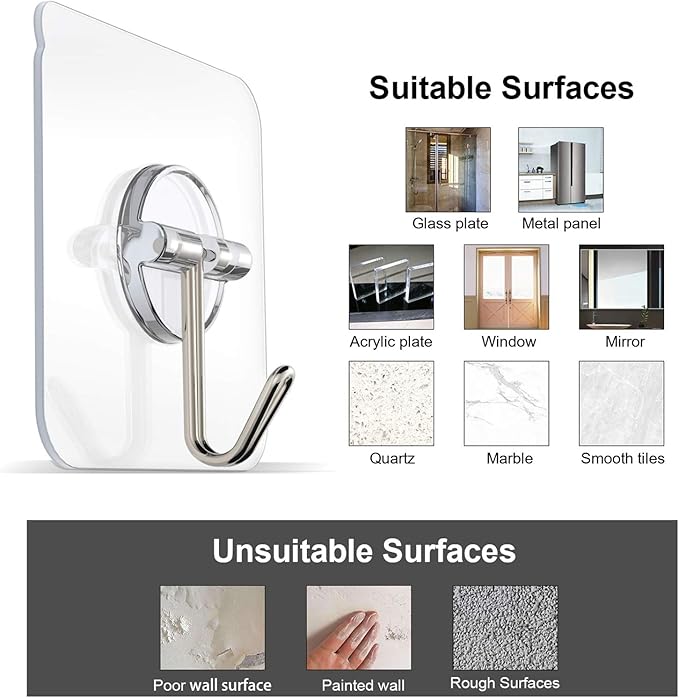 Adhesive Hooks Removable Wall Hook 13 LB Ceiling Hooks Transparent Seamless Waterproof and Oil Proof for Cabinet Kitchen Bathroom Ceiling Office Window 24 Pack