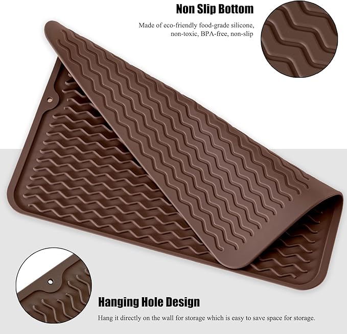Large 17" x 14" Silicone Dish Drying Mat for Kitchen Counter, Easy clean, Quick Dry, Heat-resistant Dish Drainer Mat for Sink,Refrigerator or Drawer liner (Food Grade Silicone-Coffee)