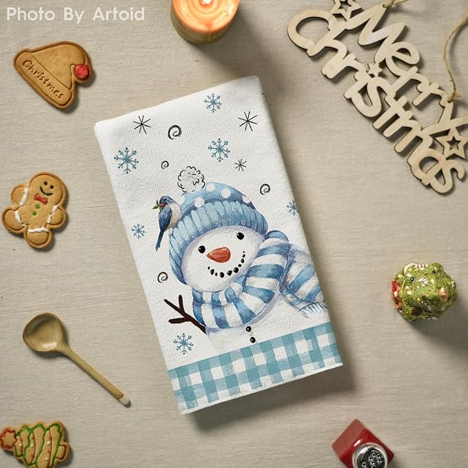 Artoid Mode Beige Blue Xmas Tree Snowman Christmas Kitchen Towels Dish Towels, 18x26 Inch Holiday Bird Believe Winter Decoration Hand Towels Set of 2