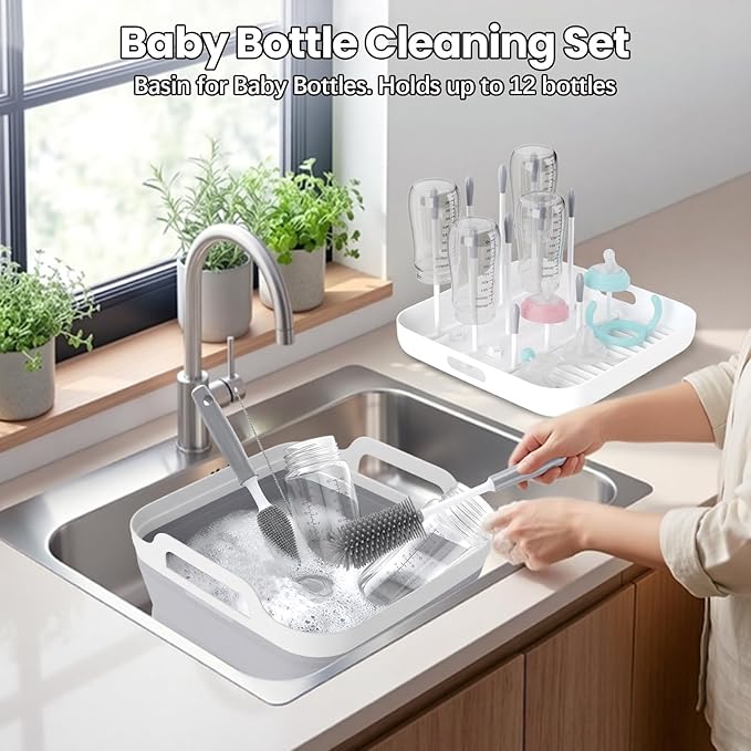 Collapsible Wash Basin for Baby Bottles - Portable 2.4 Gallon Dish Tub with Drying Rack & Lid, Foldable Sink for Camping, Outdoor Space-Saving Tub for Kitchen, RV, Camping, Outdoor Use