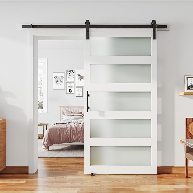 42'' x 84'' Glass Barn Door and 7 Ft Hardware Kit Included, MDF White Barn Door Slab with Frosted Glass, PVC Surface, Combined with Handle and Floor Guide-Assembly Required, White