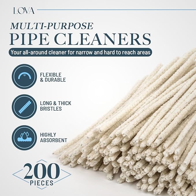 LOVA Hard Bristle Pipe Cleaners, 200 Count (6 in) – 100% Cotton, Flexible Steel Wire Core, Sharp Plastic Bristles – Deep Clean Tobacco Pipes, Glass Pipes, Straws & Narrow Tubes
