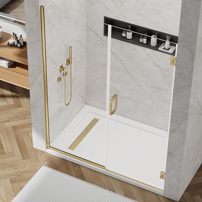 Pivot Shower Door, Adjustable Width 58.5-60" W x 76" H Hinged Shower Glass Door with 3/8" (10mm) Clear SGCC Tempered Glass with Nano Easy-Clean Coating, L01 Brushed Gold