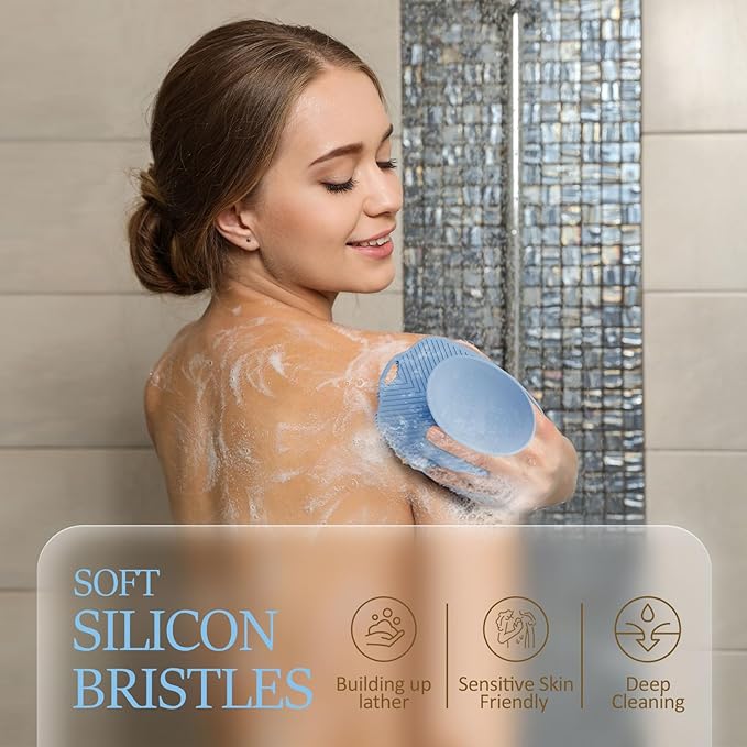 Soft Silicone Body Scrubber Gentle Like a Hand Exfoliating Your Skin and Build Up Lather Easily, Back Large Suction Cup Easy to Store, Long-Lasting & Deep Clean (Blue)