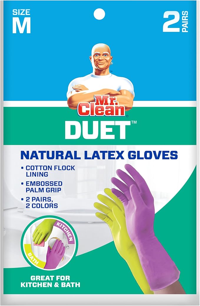 Mr. Clean Duet, Natural Latex, Beaded Cuff, Cotton Flock Lining, Non-Slip Grip Gloves, Medium