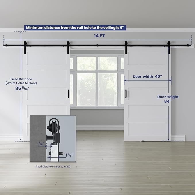 Double 40" x 84" White Barn Door with 14FT Sliding Door Hardware Kit Included, 5-Panel, Assemblely Needed, Waterproof PVC Surface, Max Opening 78in x 82in