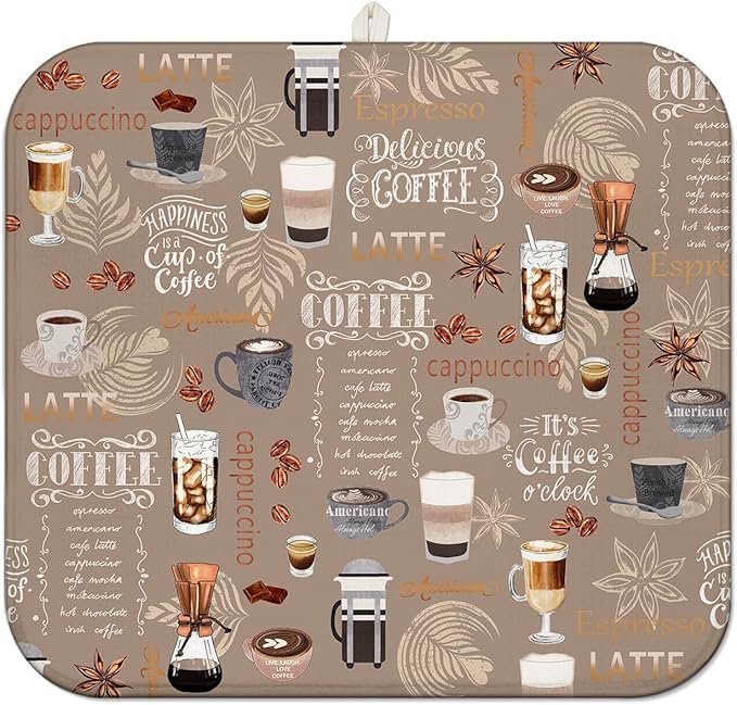 Coffee Dish Drying Mat for Kitchen Counter, Brown Farmhouse Style Microfiber Drying Mat, Washable Absorbent Kitchen Countertop Dish Draining Mat,16×18 Inch