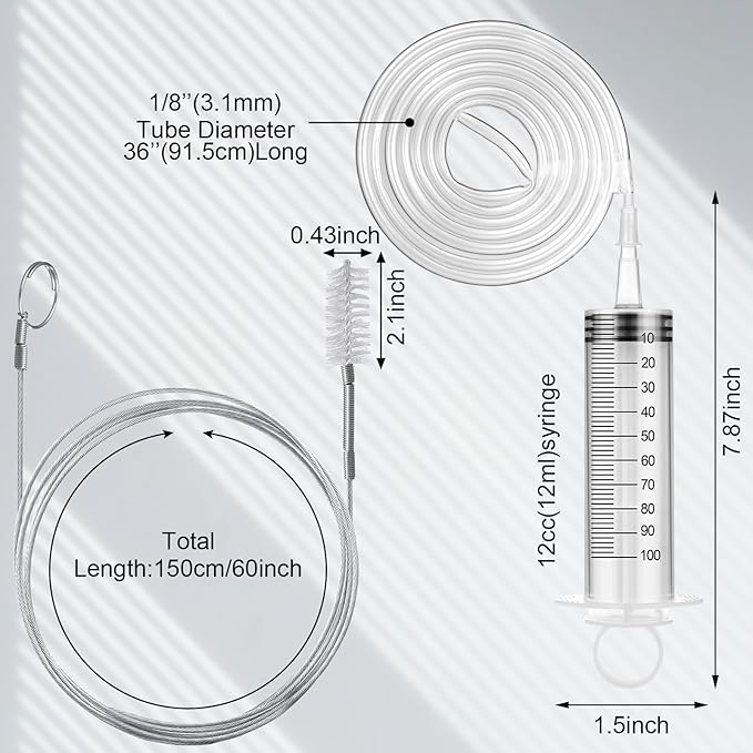 Gisafai 3 Pcs 59'' Refrigerator Cleaning Kit with 100 ml Syringe Compatible with Water Line for 1.5m Flexible Refrigerator Scrub Brush Flexible Feeding Tube Brush for Ice Maker Dispenser
