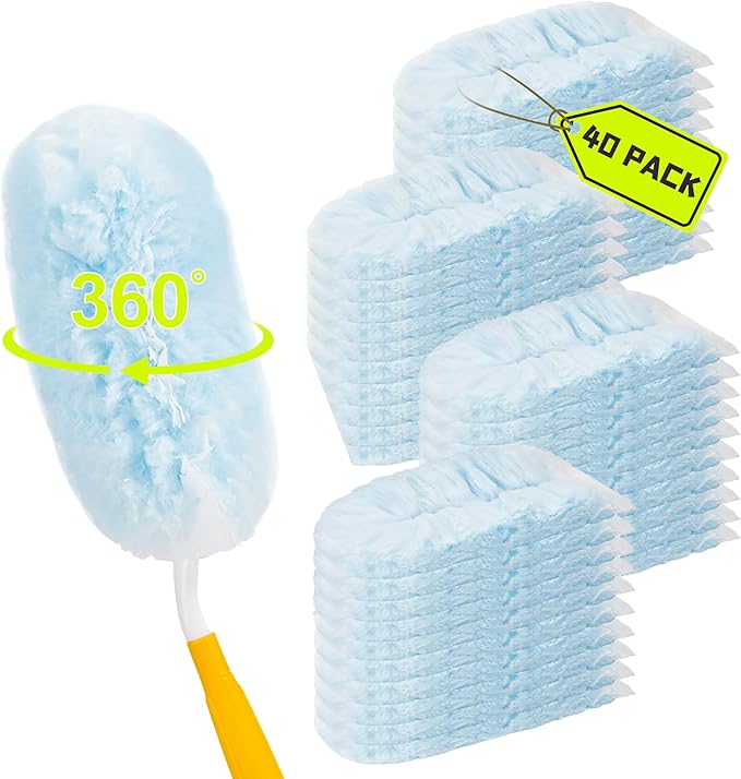 40 Count Duster Refills Compatible with Swiffer Dusters, 360° Heavy Duty Duster Refills with 2 Handle for Cleaning Furniture, Blinds, Ceiling Fans