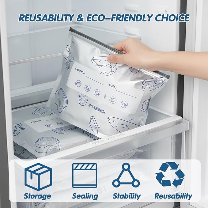 30PCS Reusable Aluminum Foil Sealable Storage Bags, Aluminum Foil Freezer Bag for Food, Stand Up Foil Storage Bags with Label and Zip Lock for Vegetable Fruit Meat (10*S+10*M+10*L)